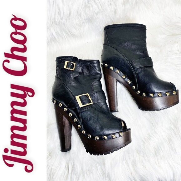 JIMMY CHOO Black Leather Studded Platform Peep Toe Biker Booties, Size 38 - Picture 3 of 8